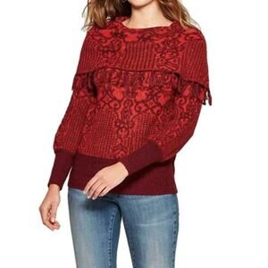 Knox Rose Women's Size Small Red Damask Boho Peasant Long Sleeve Sweater